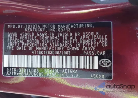 2013 Toyota Avalon Xle z USA, uszkodzony, nr VIN 4T1BK1EB3DU072002